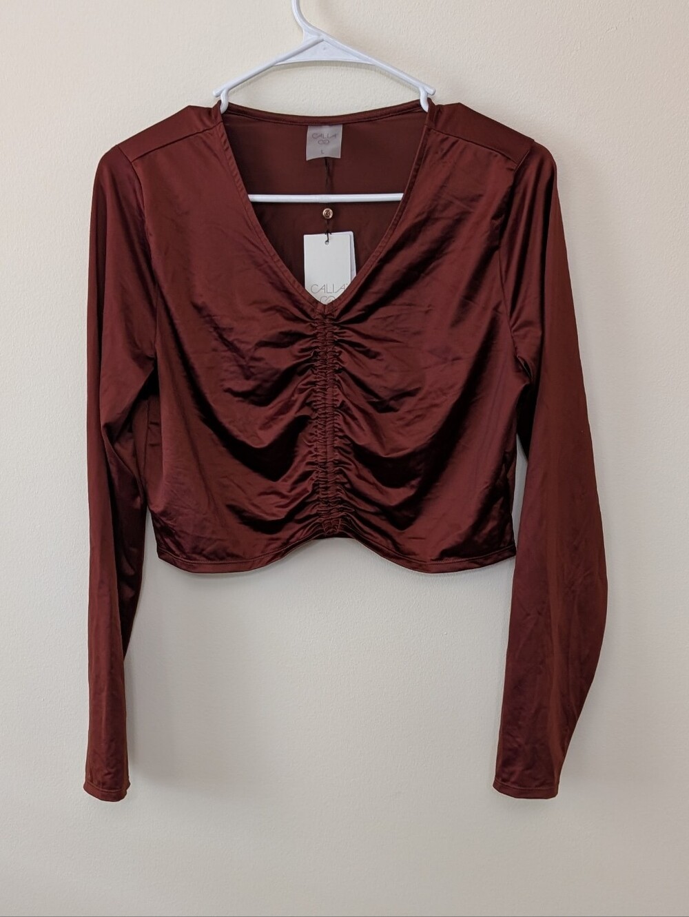 Calia Women's Ruched Rashguard Long Sleeve Swim Top Red Brown Shine Sz Large NWT